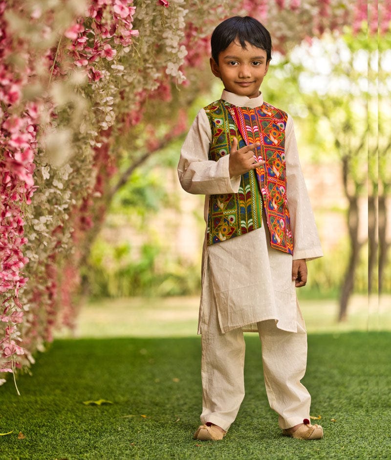 White Kurta Jacket And Pant Set for Boy